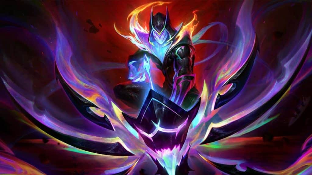 A man with a sword stands boldly in a dark, colorful Empyrean scene