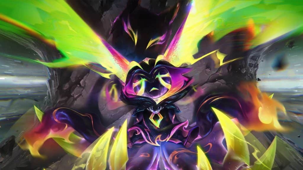 Glowing-eyed demon in dark purple and green exudes an eerie presence