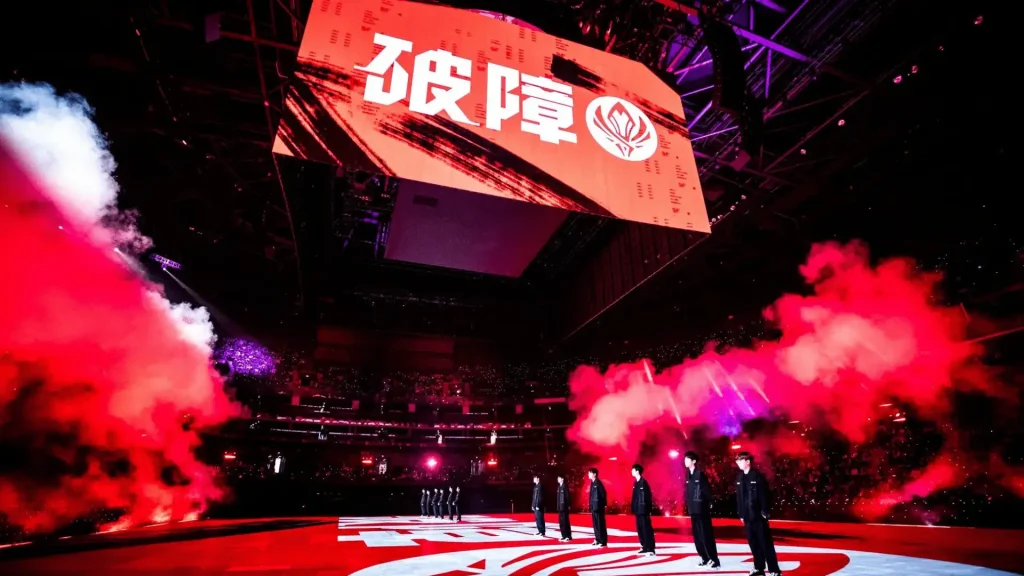 LPL esports stage with team lineup, red smoke effects, arena crowd, large screen, China’s League of Legends Pro League scene