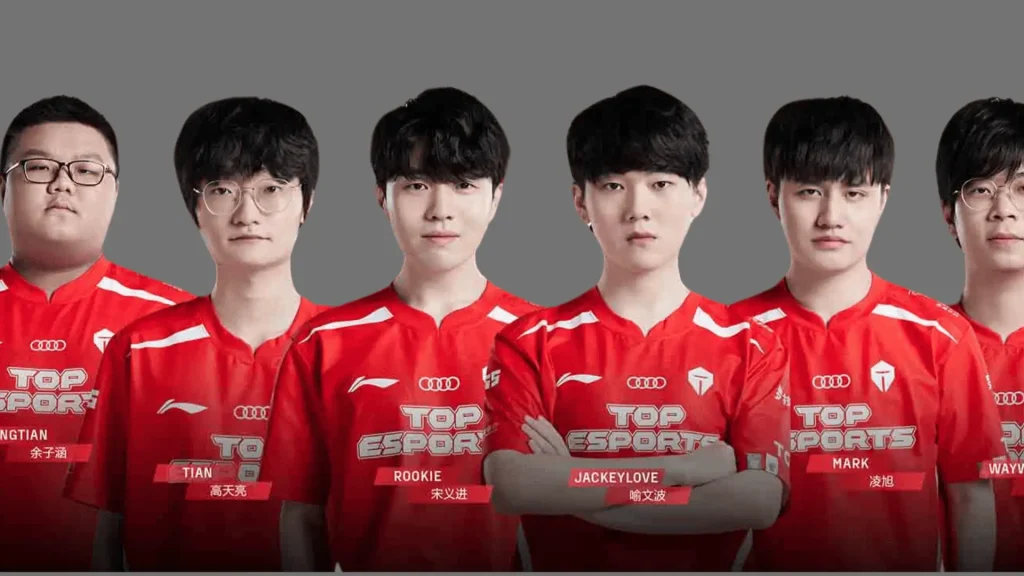 LPL team Top Esports lineup, players in red jerseys including Tian, Rookie, and JackeyLove, esports roster portrait