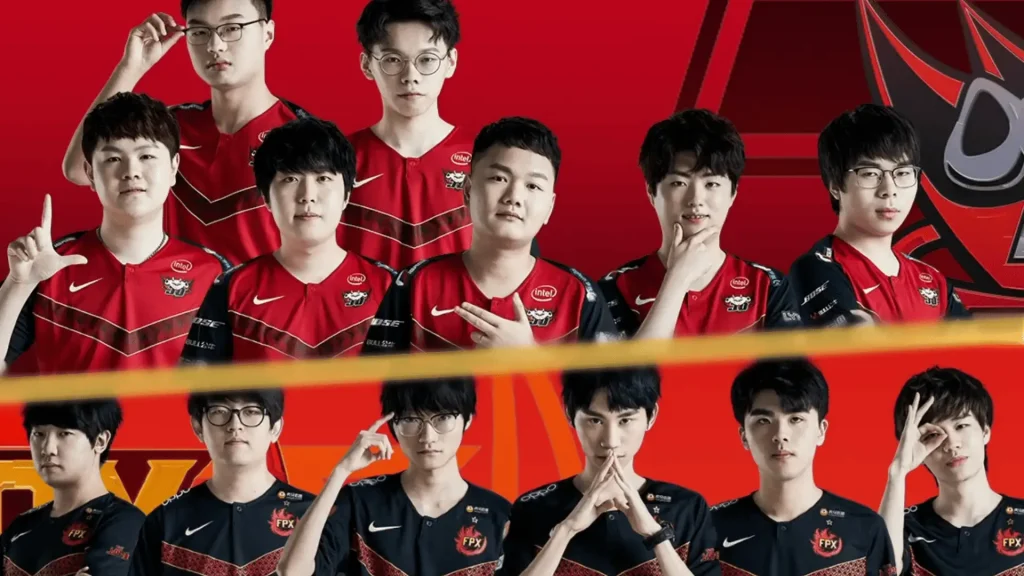 LPL teams JD Gaming and FPX lineup, players in red and black jerseys, esports roster comparison image