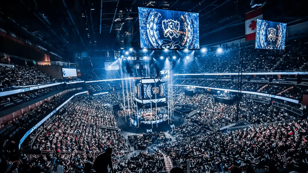 League of Legends esports arena packed with fans, bright stage lights, giant screens, and Worlds event setup in a large stadium