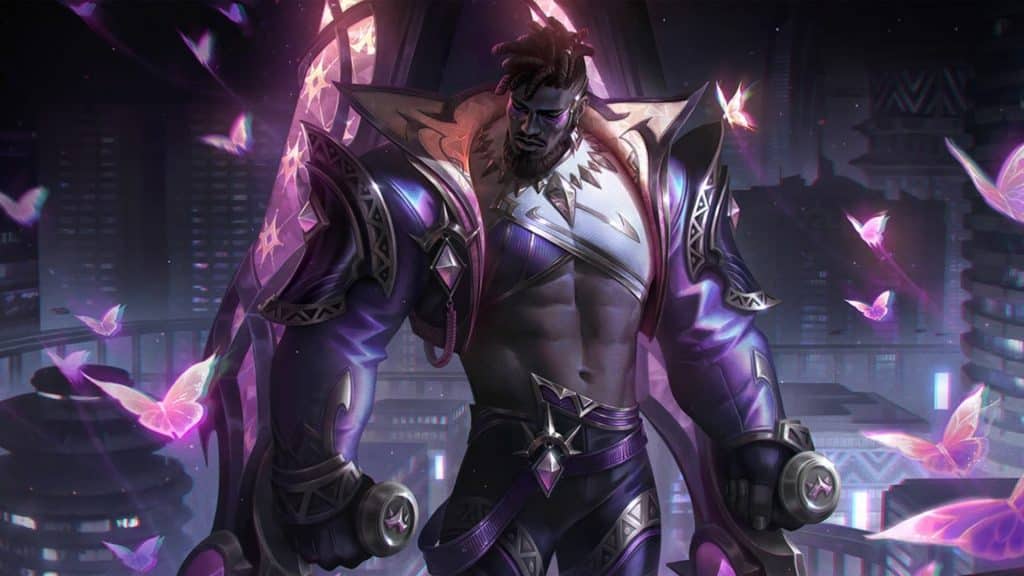 Male figure wielding a sword, adorned with striking purple wings