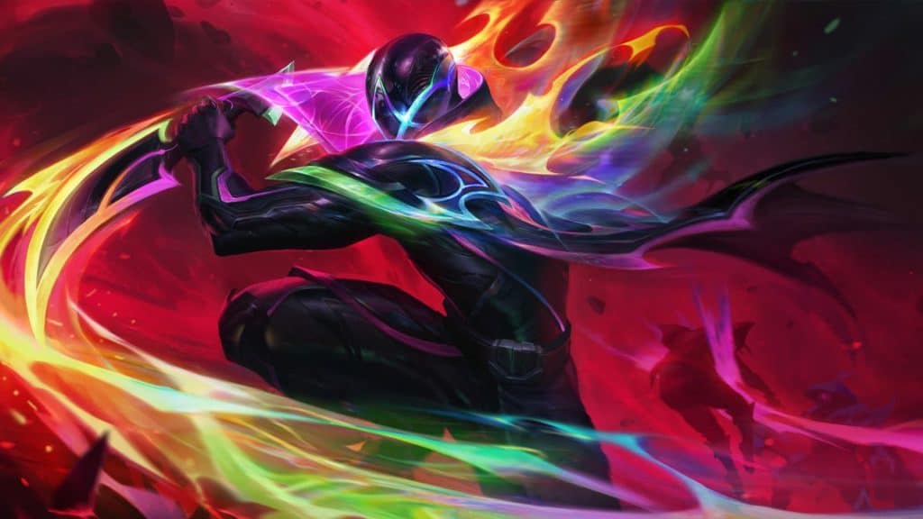 Man wielding a sword, surrounded by vibrant rainbow-colored light