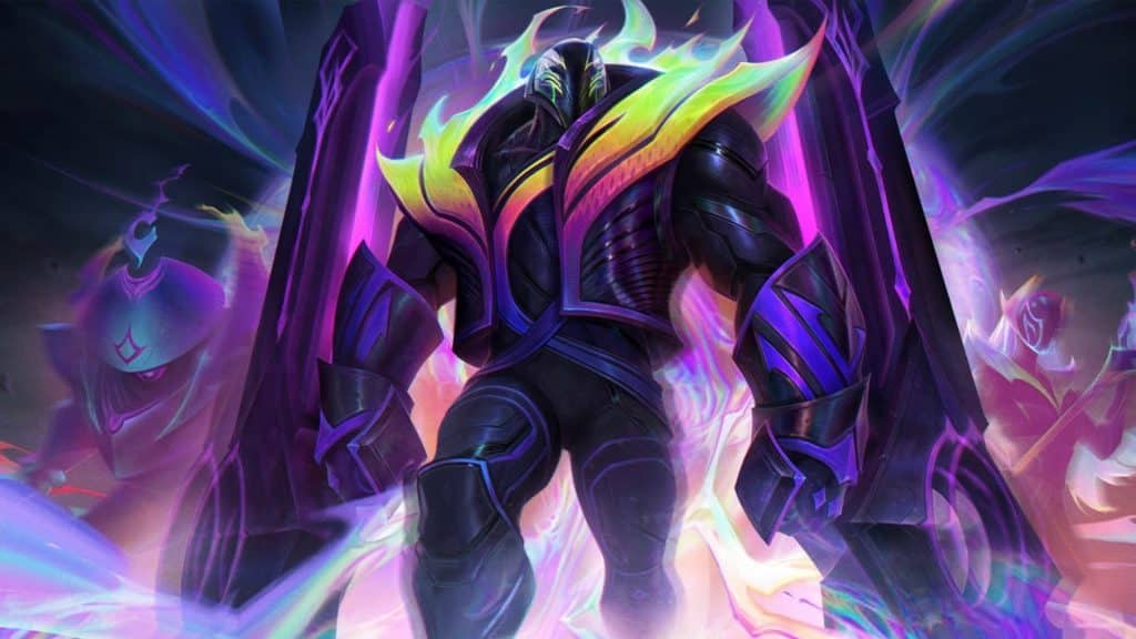 Purple and yellow flames blaze on the character's back, creating a striking effect