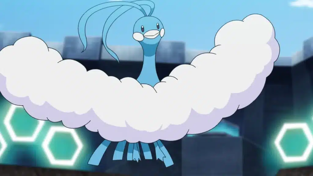 Altaria floating with fluffy cloud-like wings, showing its blue body and gentle expression in a bright setting
