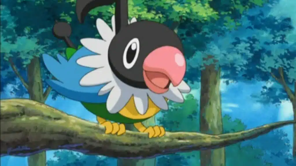 Chatot perched on a tree branch with a musical note head, colorful body, and open beak in a forest setting