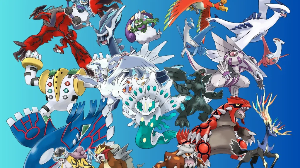 Collage of legendary Pokémon including Groudon, Kyogre, Rayquaza, Lugia, Ho-Oh, and others on a blue background
