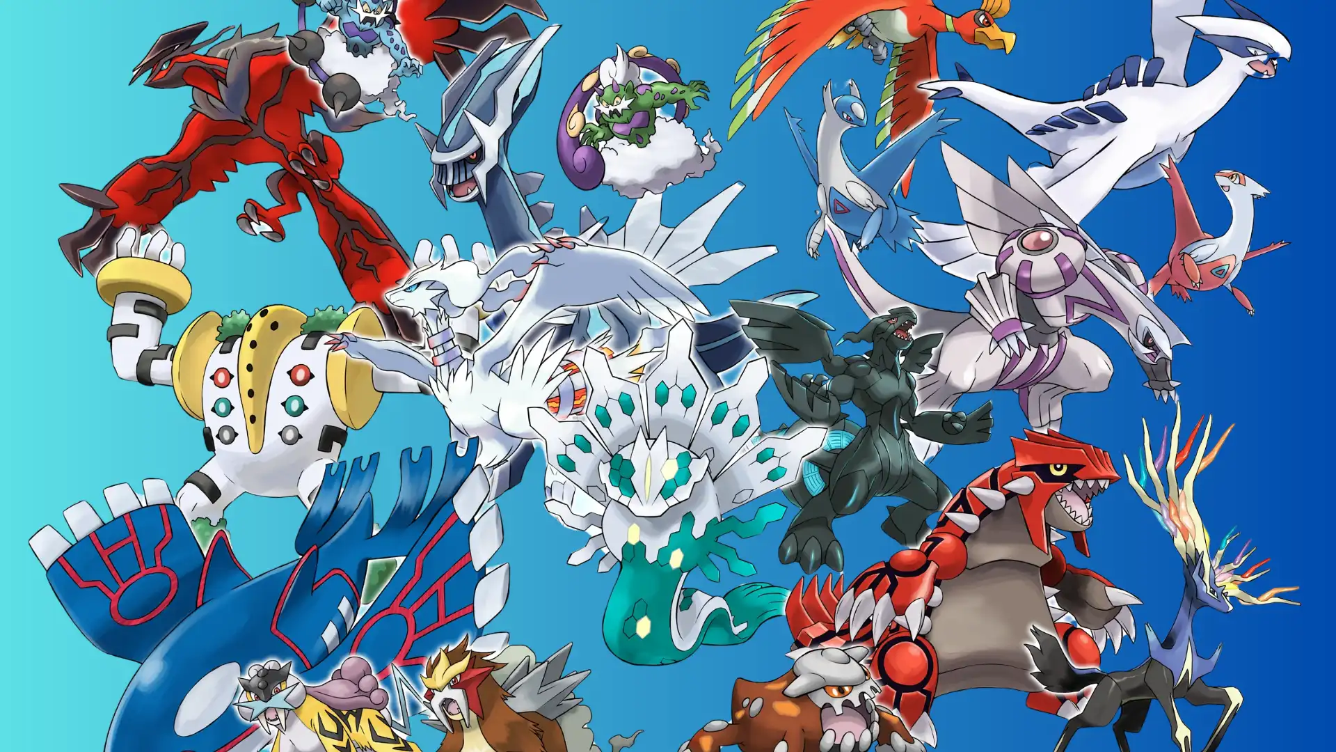 Collage of legendary Pokémon including Groudon, Kyogre, Rayquaza, Lugia, Ho-Oh, and others on a blue background