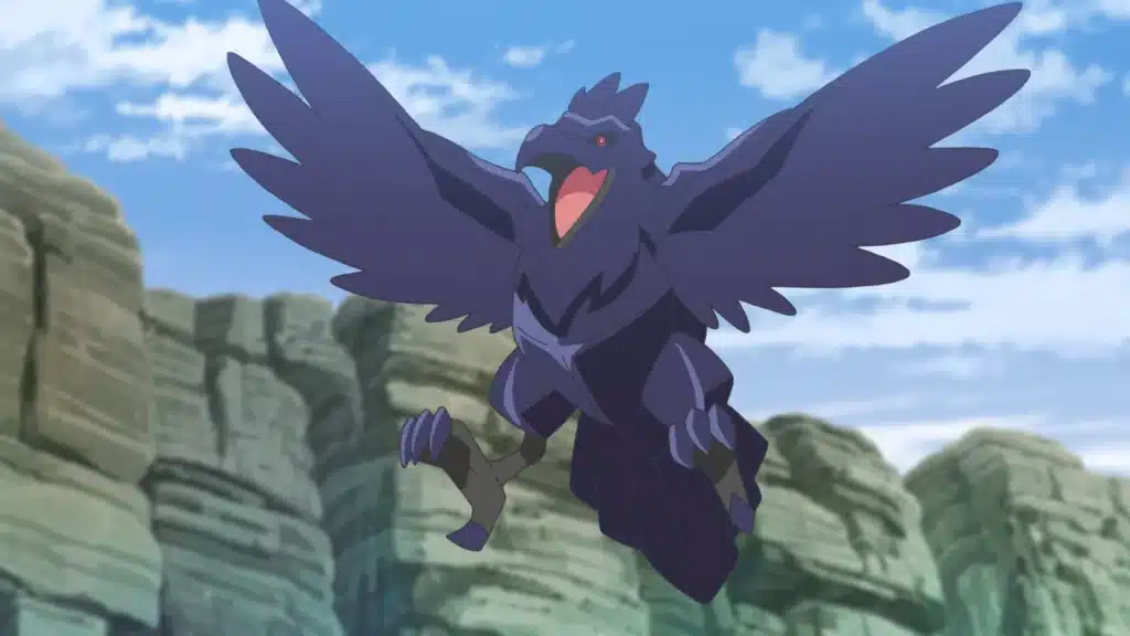 Corviknight flying with wings spread wide over rocky cliffs, showing its dark armored body and sharp talons