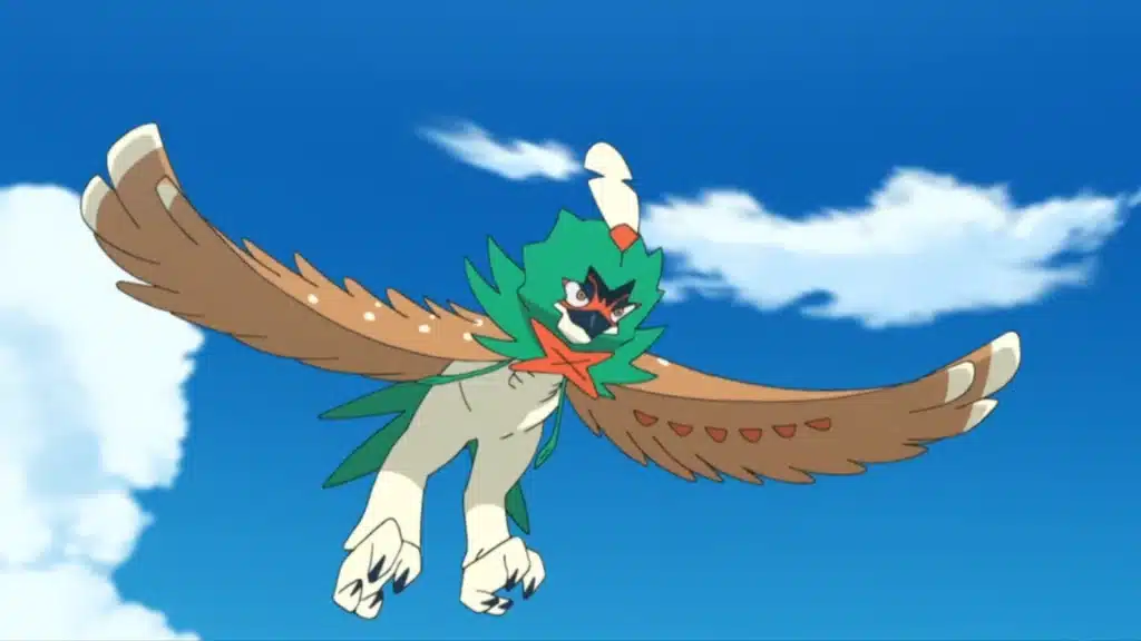 Decidueye gliding through the sky with wings spread, showing its green hood and sharp focused gaze against clouds