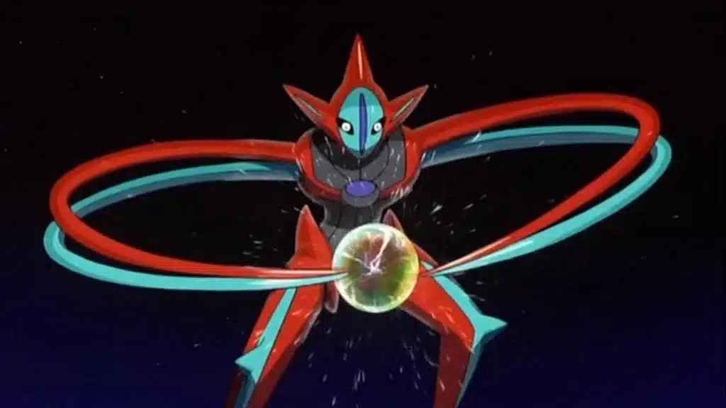 Deoxys hovering in space with tentacle arms forming rings and a glowing energy orb at its center