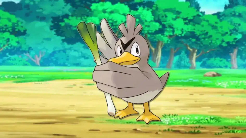 Farfetch’d holding a leek like a weapon, standing on a dirt path with trees in the background