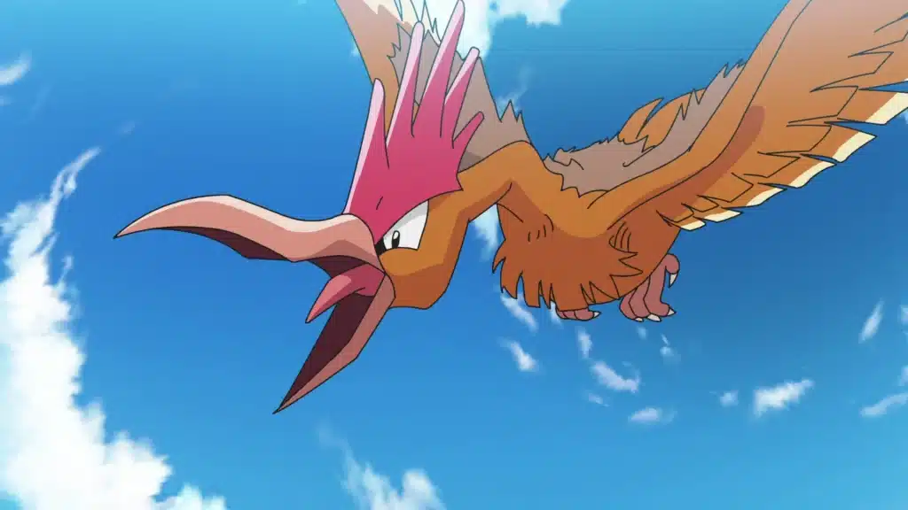 Fearow flying through the sky with long beak open and wings spread wide against a bright blue background