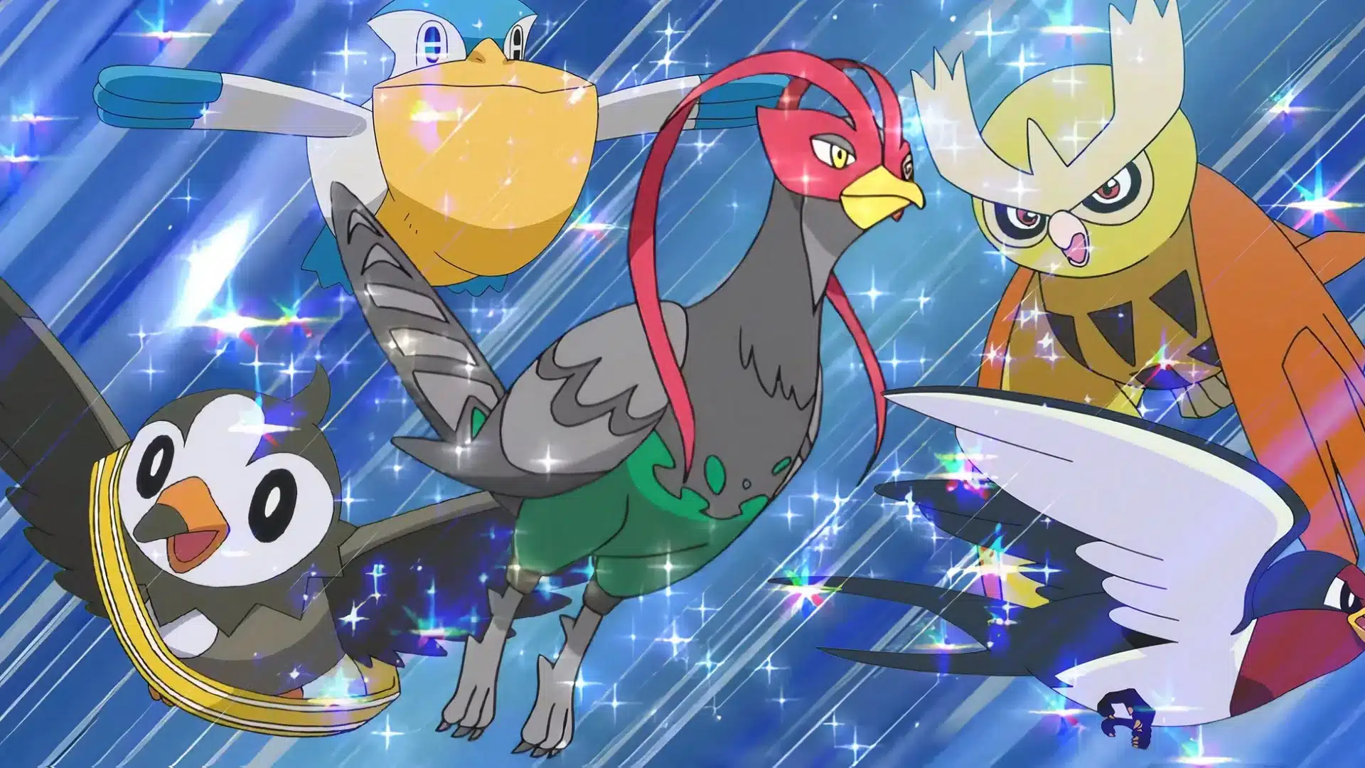 Group of bird Pokémon flying together against a sparkling blue background