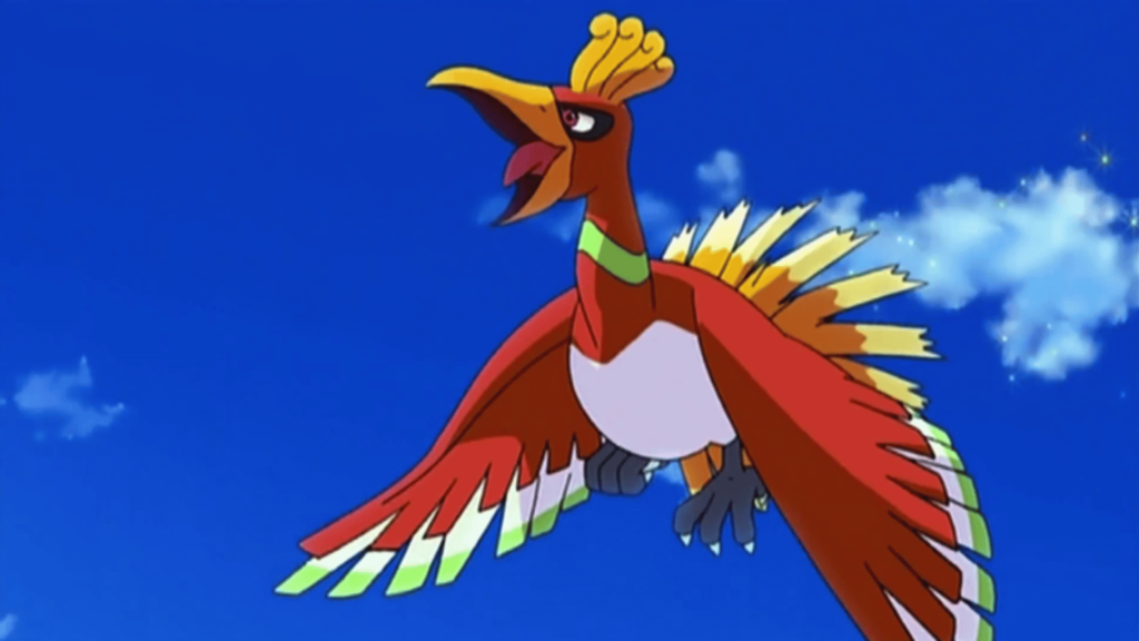 Ho-Oh flying in the sky with vibrant red wings spread, showcasing its majestic Fire Flying form mid flight