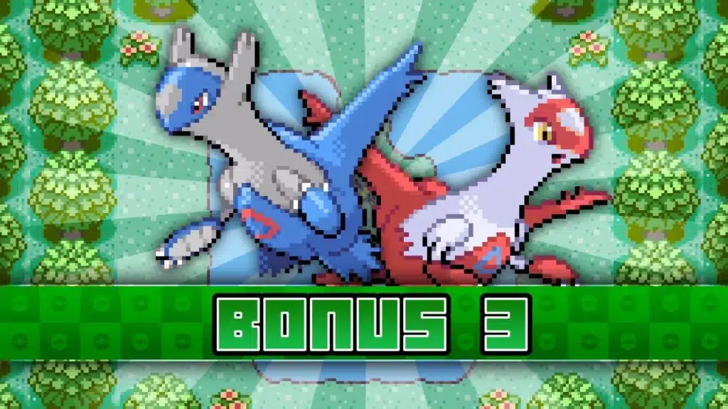 Latios and Latias flying together over a pixel map background with “Bonus 3” text banner at the bottom