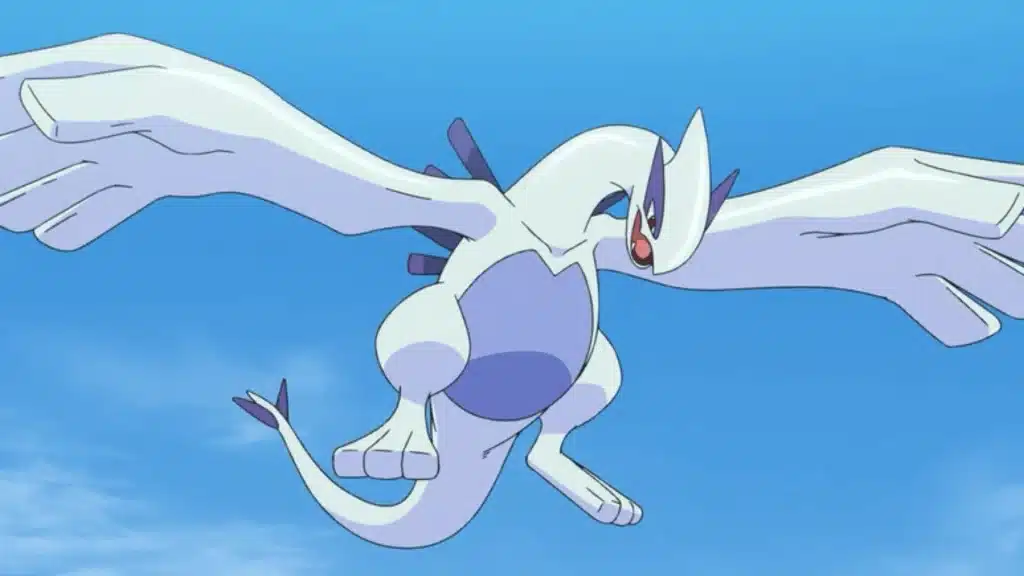 Lugia soaring through the sky with wings spread wide, showcasing its sleek Psychic Flying form in mid flight