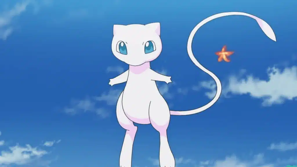 Mew floating in the sky with its long tail curled, glowing softly against a bright blue sky background