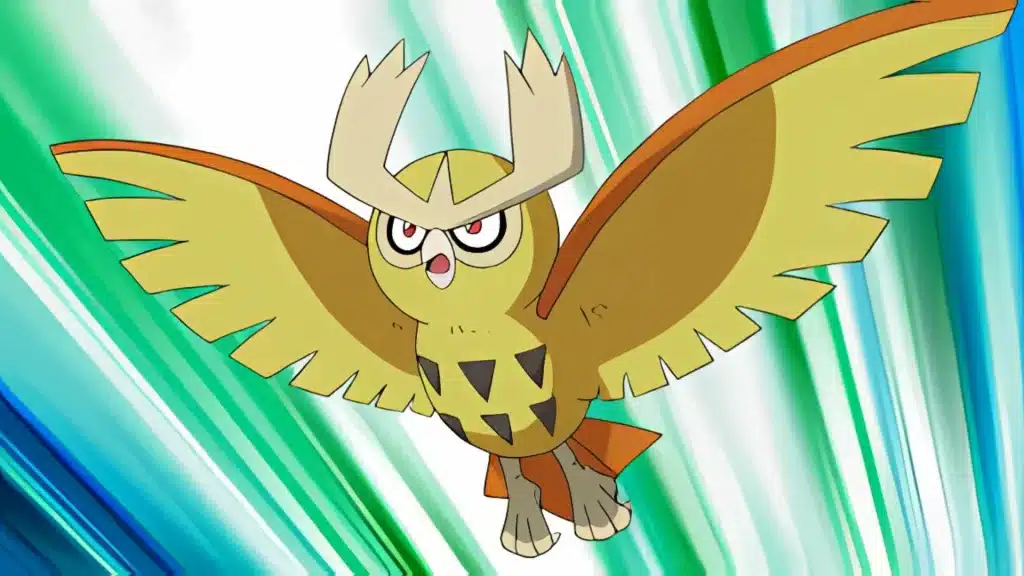 Noctowl flying forward with wide wings and intense red eyes, showing its horned head and patterned chest in motion