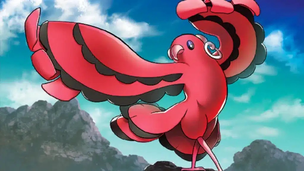 Oricorio flying gracefully with pink wings spread wide, set against a bright sky and mountainous background