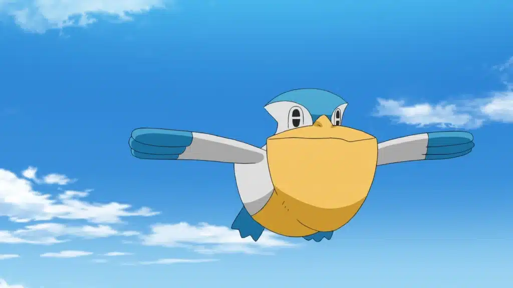 Pelipper gliding through the sky with wide wings and large beak, set against a bright blue sky with clouds