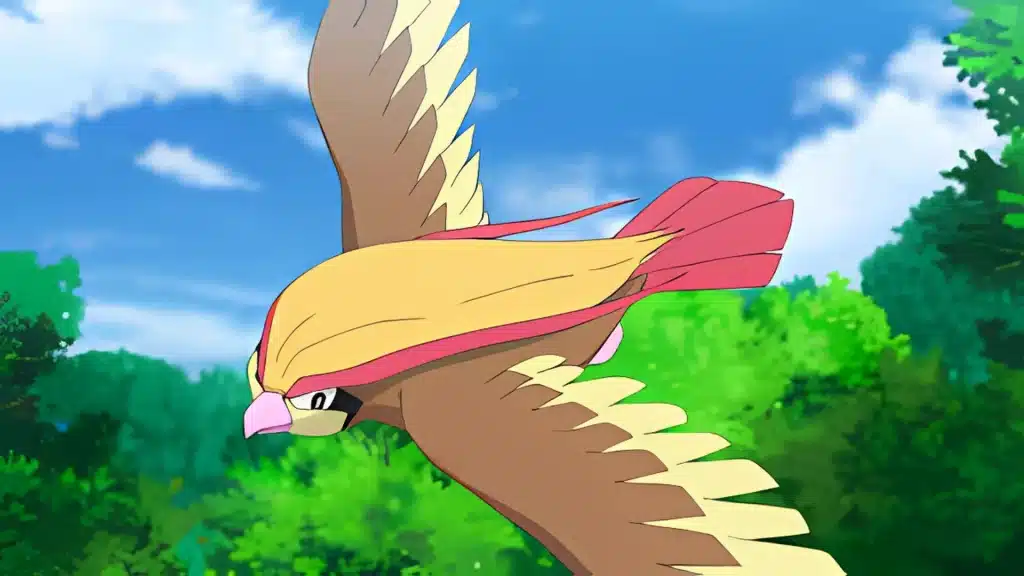 Pidgeot flying over a lush forest with wide wings and long flowing crest feathers in clear daylight