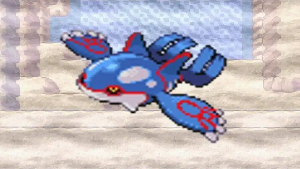 Pixel art Kyogre swimming in a cave setting with blue body, red markings, and glowing eyes