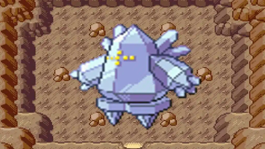 Pixel art Regice in a rocky cave, icy body with yellow dot pattern and crystal spikes on arms and base