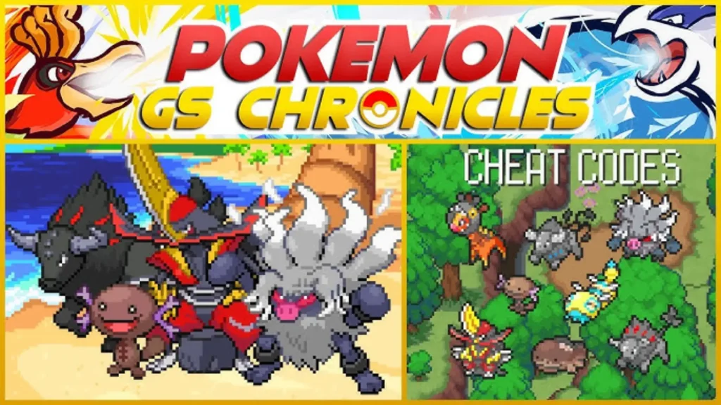 Pokemon GS Chronicles banner with pixel sprites, regional forms, and cheat codes section