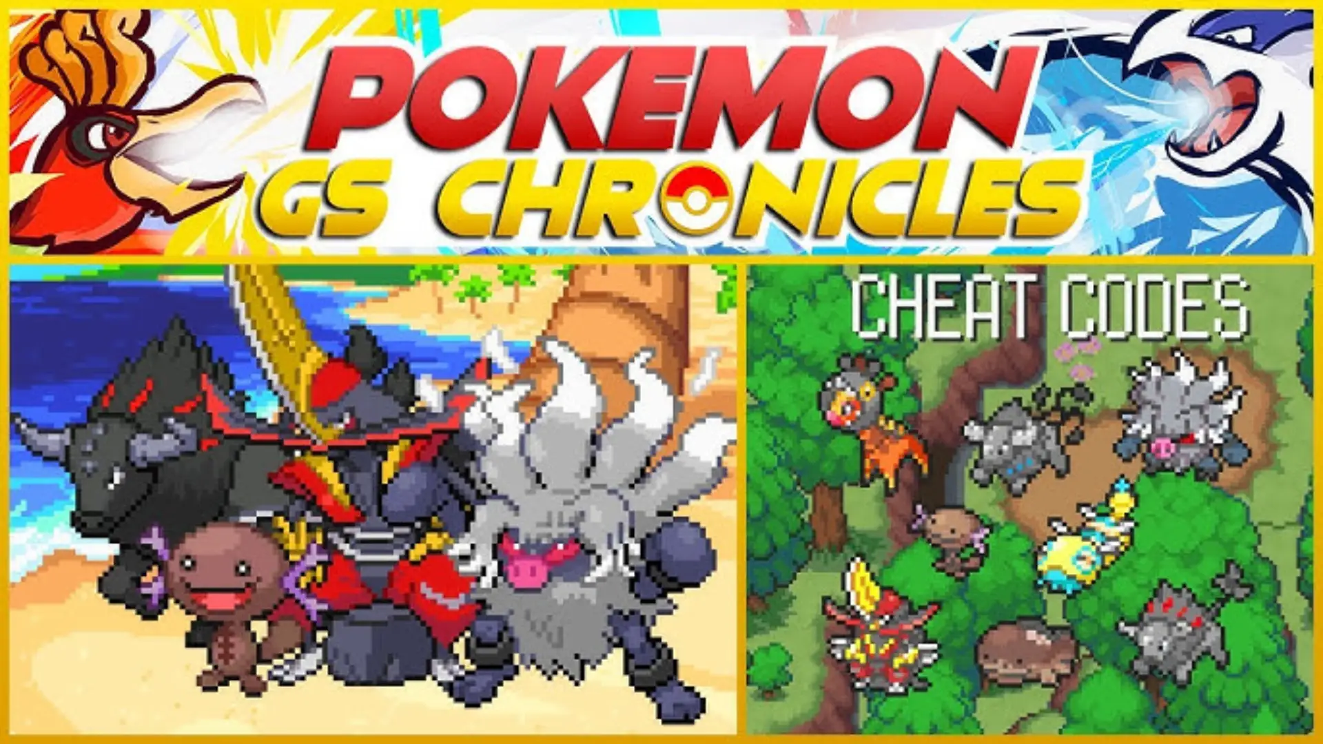 Pokemon GS Chronicles banner with pixel sprites, regional forms, and cheat codes section