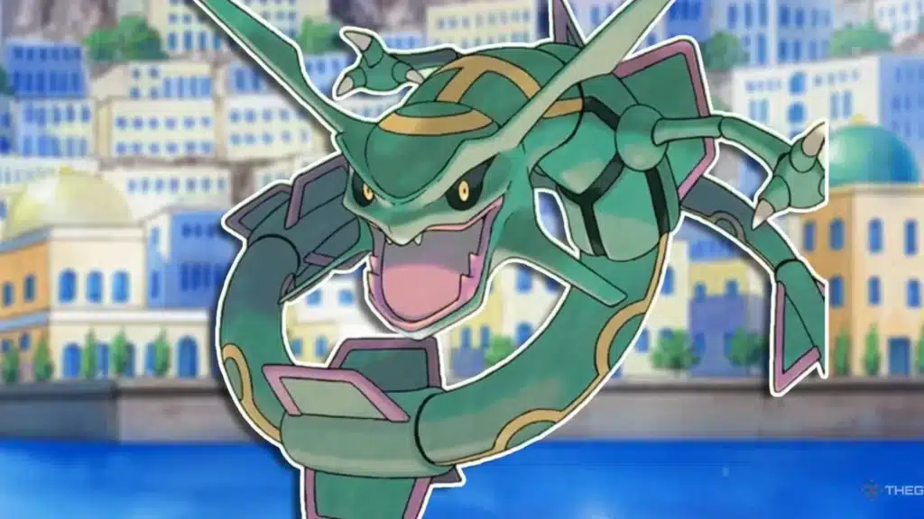 Rayquaza flying over a coastal city, green serpentine body with yellow rings and open mouth in battle pose