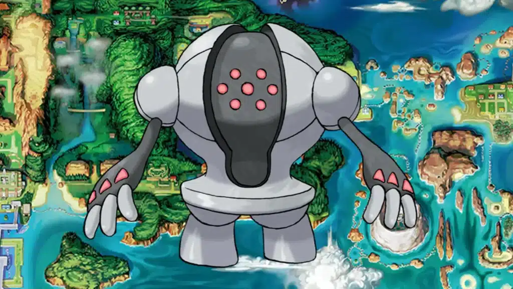Registeel standing over a Hoenn region map, steel body with glowing red dots and wide arms extended