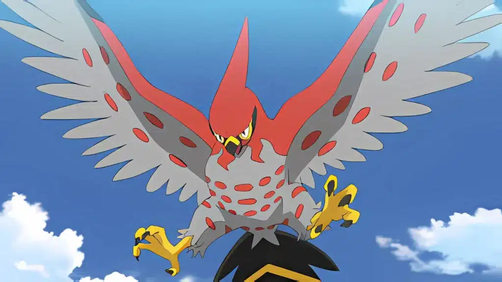 Talonflame diving from the sky with wings spread wide and sharp talons extended against a bright blue sky