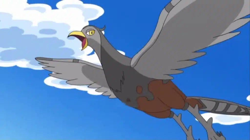 Unfezant flying with wings spread wide, showing its sleek gray body and open beak against a bright sky