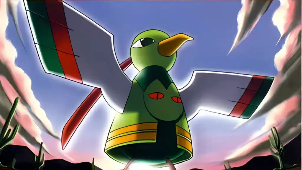 Xatu standing with wings spread wide, showing its green body and red markings against a glowing sky background