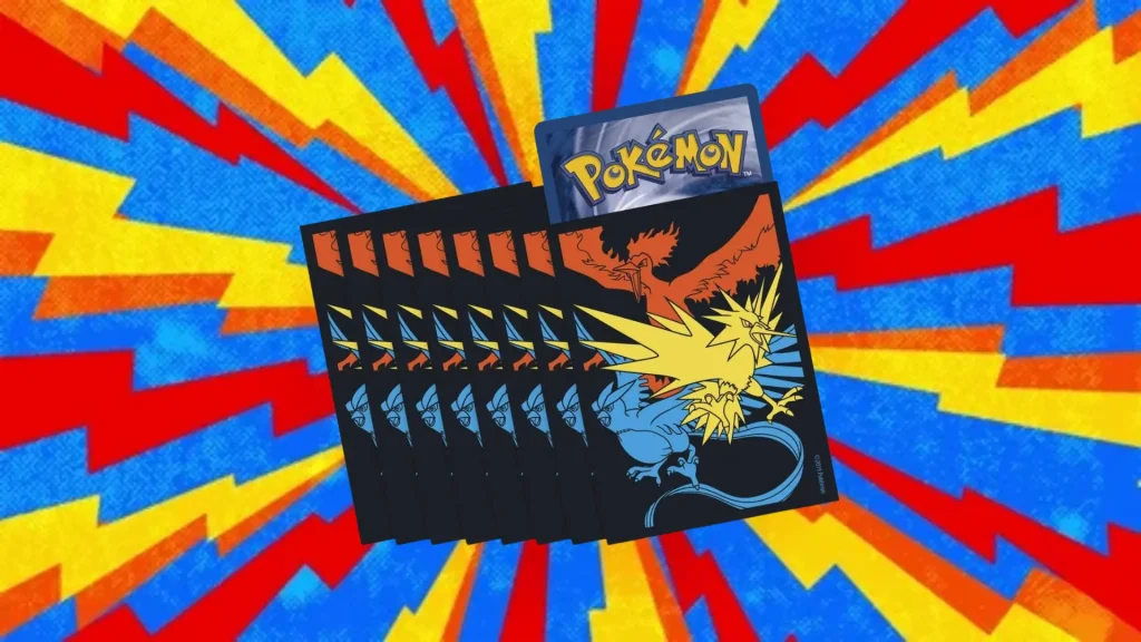 Hidden Fates Pokémon card sleeves with Articuno, Zapdos, and Moltres design on colorful burst background