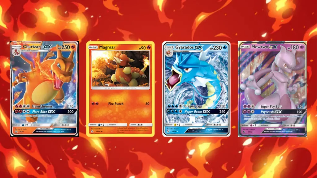 Charizard GX, Magmar, Gyarados GX, and Mewtwo GX Pokémon cards displayed on a fiery red background