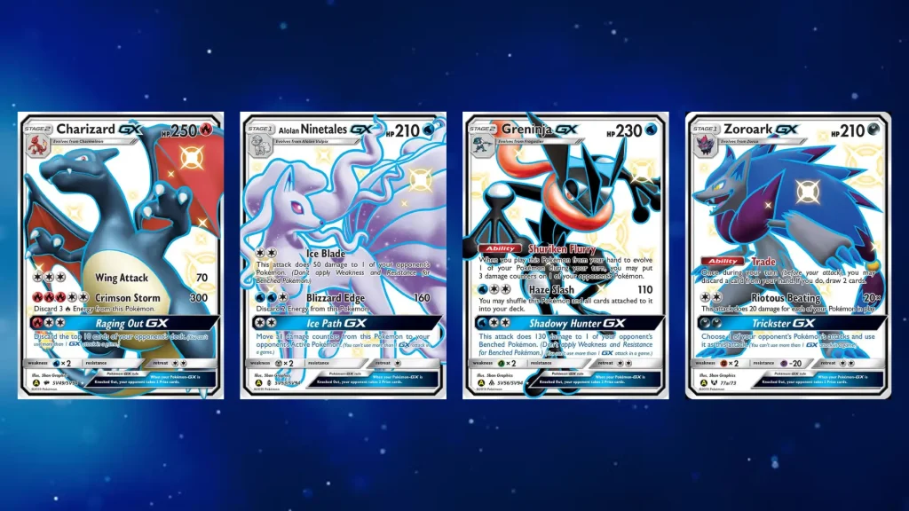 Four shiny Pokémon GX cards featuring Charizard, Alolan Ninetales, Greninja, and Zoroark displayed on a blue background