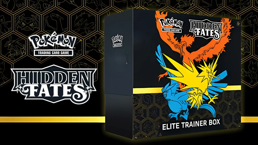 Pokémon Hidden Fates Elite Trainer Box featuring Articuno, Zapdos, and Moltres artwork on black and gold background