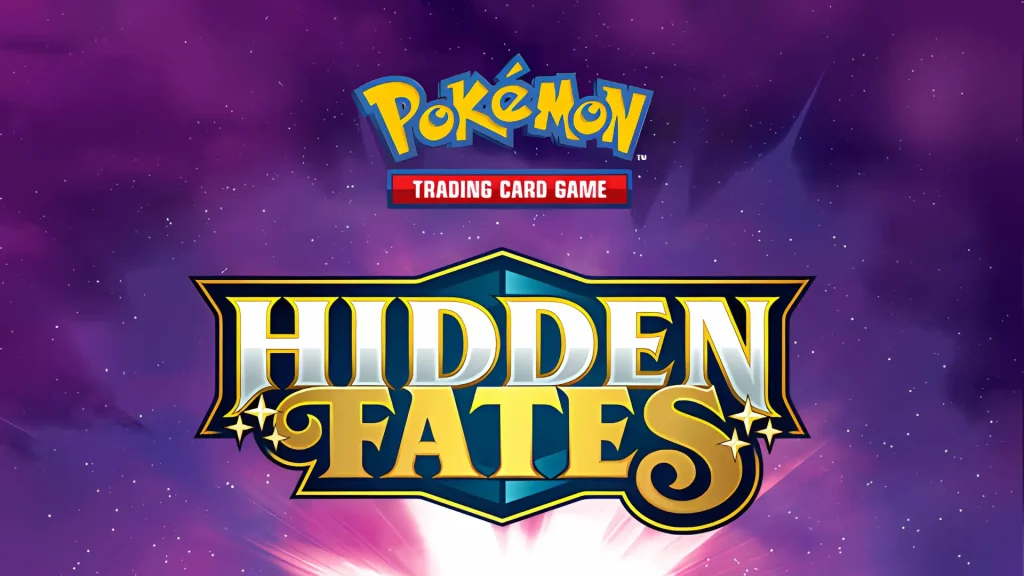 Pokemon Trading Card Game Hidden Fates logo on purple cosmic background with glowing effect