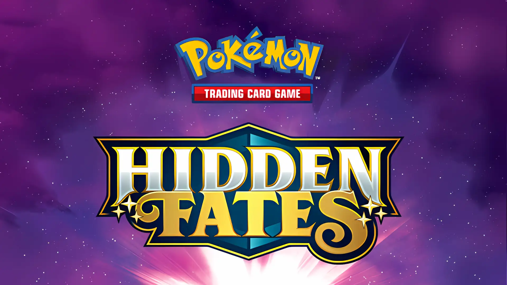 Pokemon Trading Card Game Hidden Fates logo on purple cosmic background with glowing effect