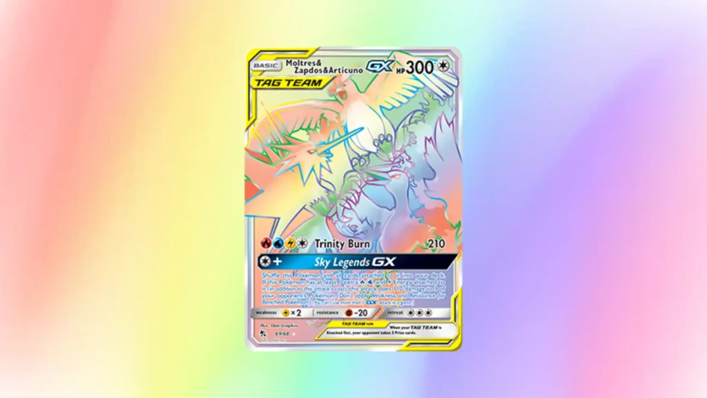Rainbow rare Moltres Zapdos Articuno GX tag team Pokémon card with colorful holographic design and 300 HP displayed