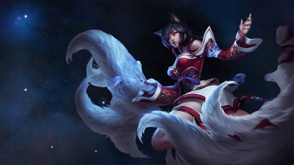 Ahri with fox ears, floating in space, holds a glowing orb
