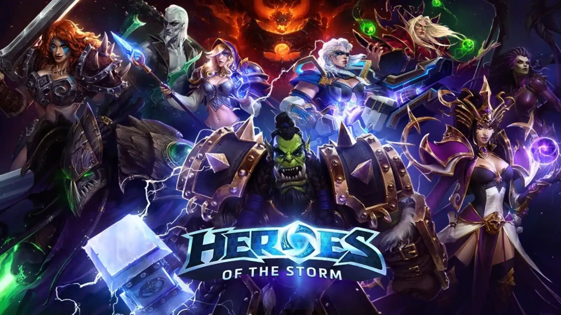 Heroes of the Storm artwork featuring multiple characters with glowing logo centerpiece