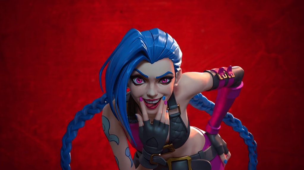 Jinx smiling mischievously with blue braids against a red background