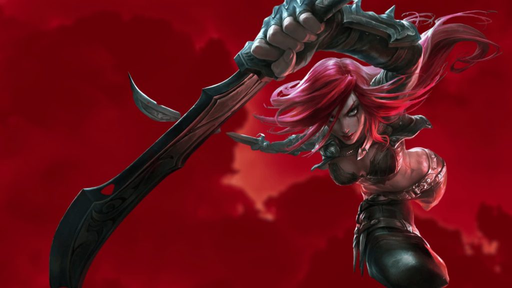 Katarina wielding a large blade against a dark red background