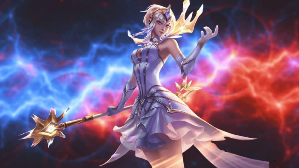 Lux holding a glowing staff amidst swirling blue and red light