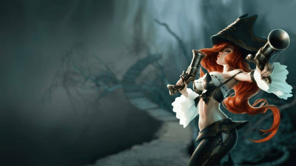 Miss Fortune wielding dual pistols in a pirate outfit