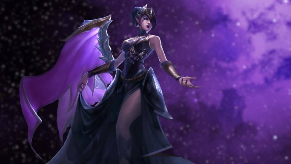 Morgana posing with tattered purple wings against a starry night sky